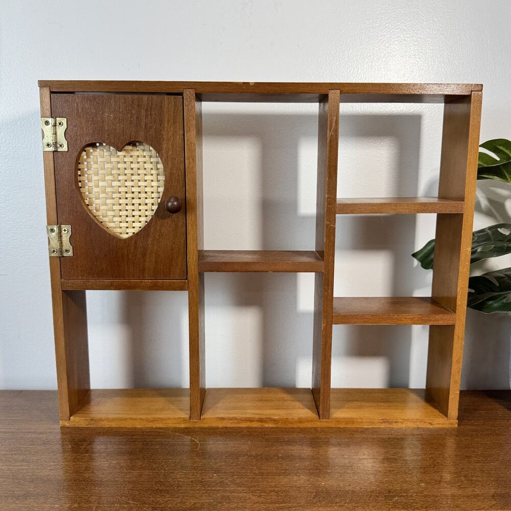 Vintage Wooden Wall Shelf Display Cabinet with Heart Wicker Door Cottagecore